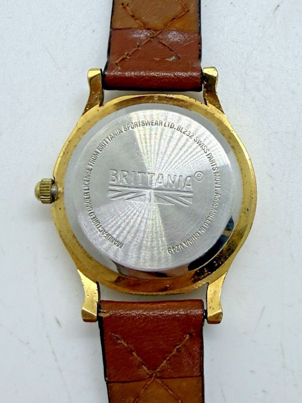 Vtg Brittania Moon Phase Quartz Watch BL232 Gold Tone Date Brown Leather Band - Picture 3 of 8